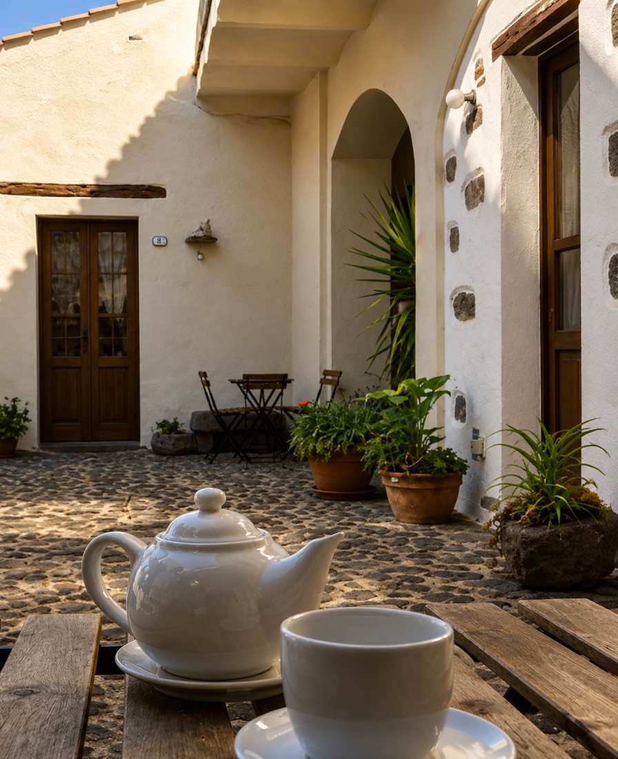 Cortile interno acciottolato con porte in legno e piante in vaso