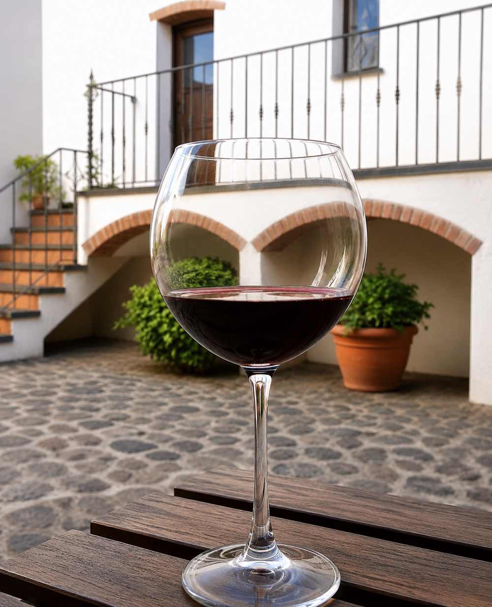 Bicchiere di vino rosso su un tavolo del cortile all'ora dell'aperitivo